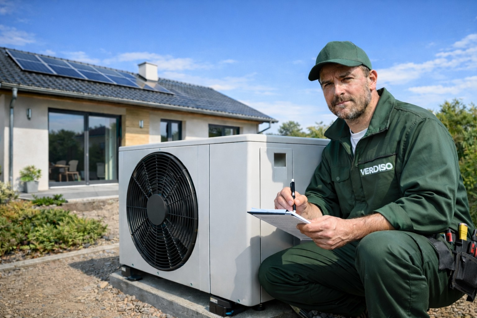Technicien Verdiso installant une pompe à chaleur